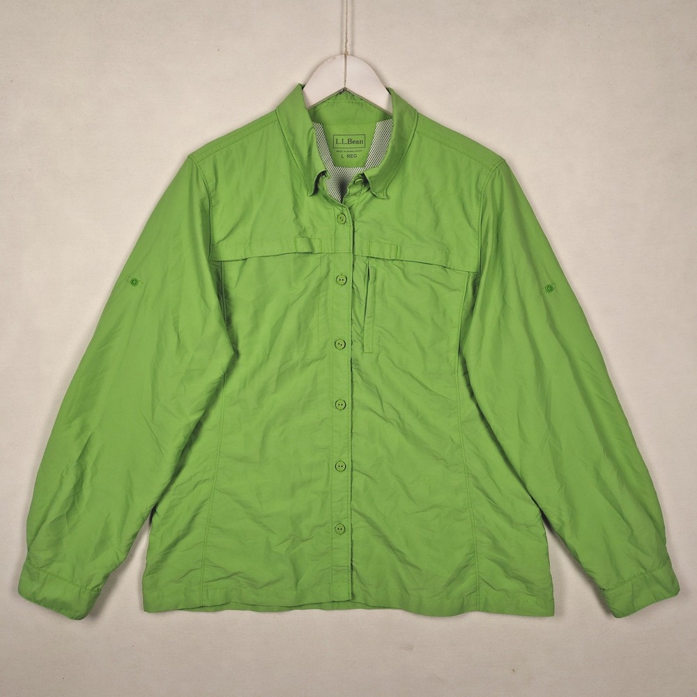 LL Bean Lightweight Nylon Vented Button Down Shirt Lime Green Cropped L REG